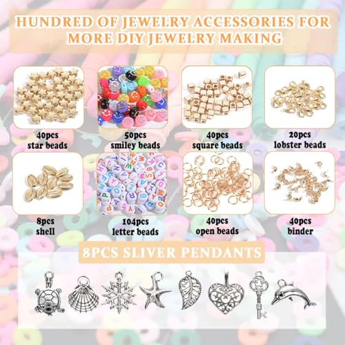 SANNIDHI® 9600PCS Clay Beads Jewellery Making Kit 24 Colors Bracelet Polymer Flat Set Alphabet with Charms DIY Craft Gift Kids Activity Girls Women