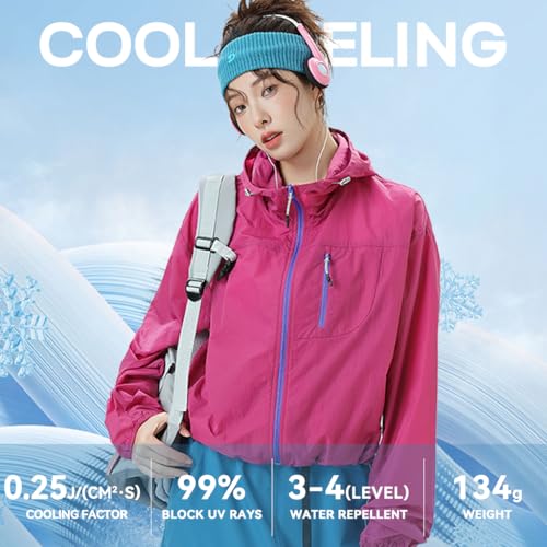 Venzina® UPF 50+ Sun Protection Jacket Stylish Cropped Sunscreen Top for Women Ultra-light Quick Dry Hoodie with Back Air Vent & Chest Zip Pocket, Water-Proof UV Coat for Outdoor/Travel, Hot Pink, XL