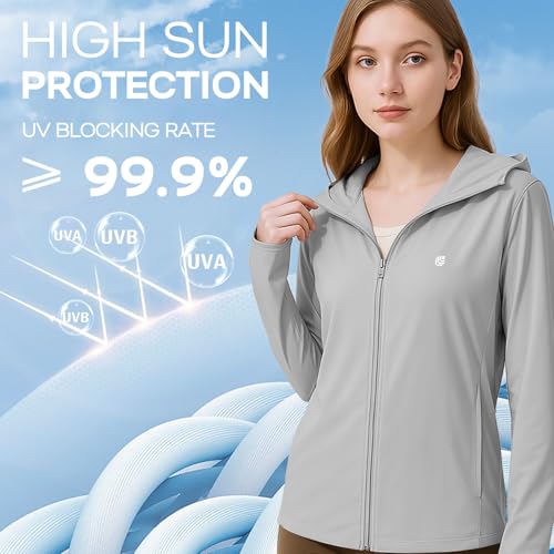 Venzina® Women's UPF 50+ Lightweight Athletic Jacket Long Sleeve Sunscreen Protective Clothing UV Sun Protection Full Zip Cooling Hoodie for Women for Outdoor Hiking, Grey-2, M