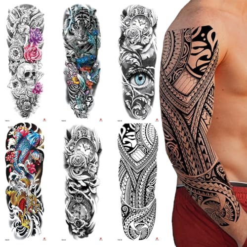 MAYCREATE 6 Sheets Temporary Tattoo for Men Waterproof Large Temporary Tattoo Stickers Forearm Tattoo for Men Women Tattoo Sticker for Arm, Legs Temporary Tattoos for Party, Club