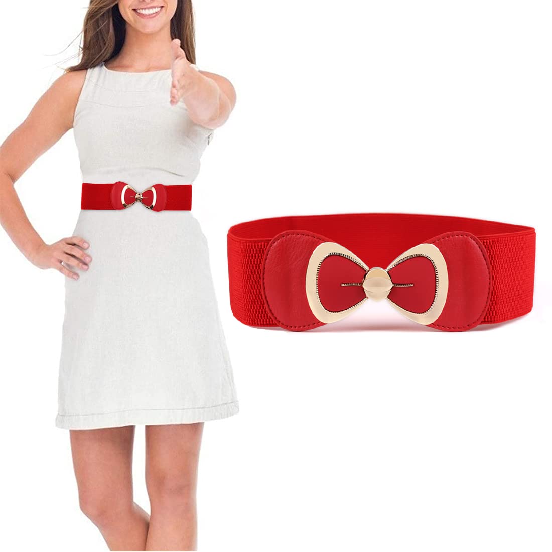 Zibuyu Waist Belt for Dresses with 2.3 in Width and Interlocking Bowknot Buckle | Red Elastic Style
