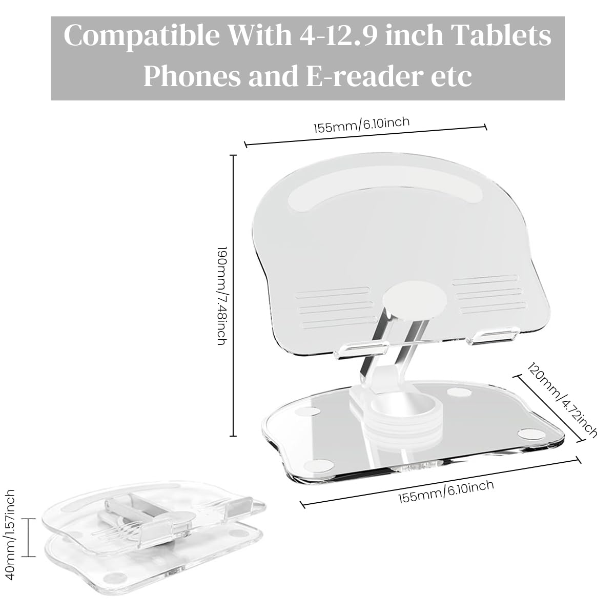 ZORBES Phone Holder for Desk with 360° Rotating Base and Anti Slip Design | Clear Acrylic Stand for Phones and Tablets up to 12.9 in
