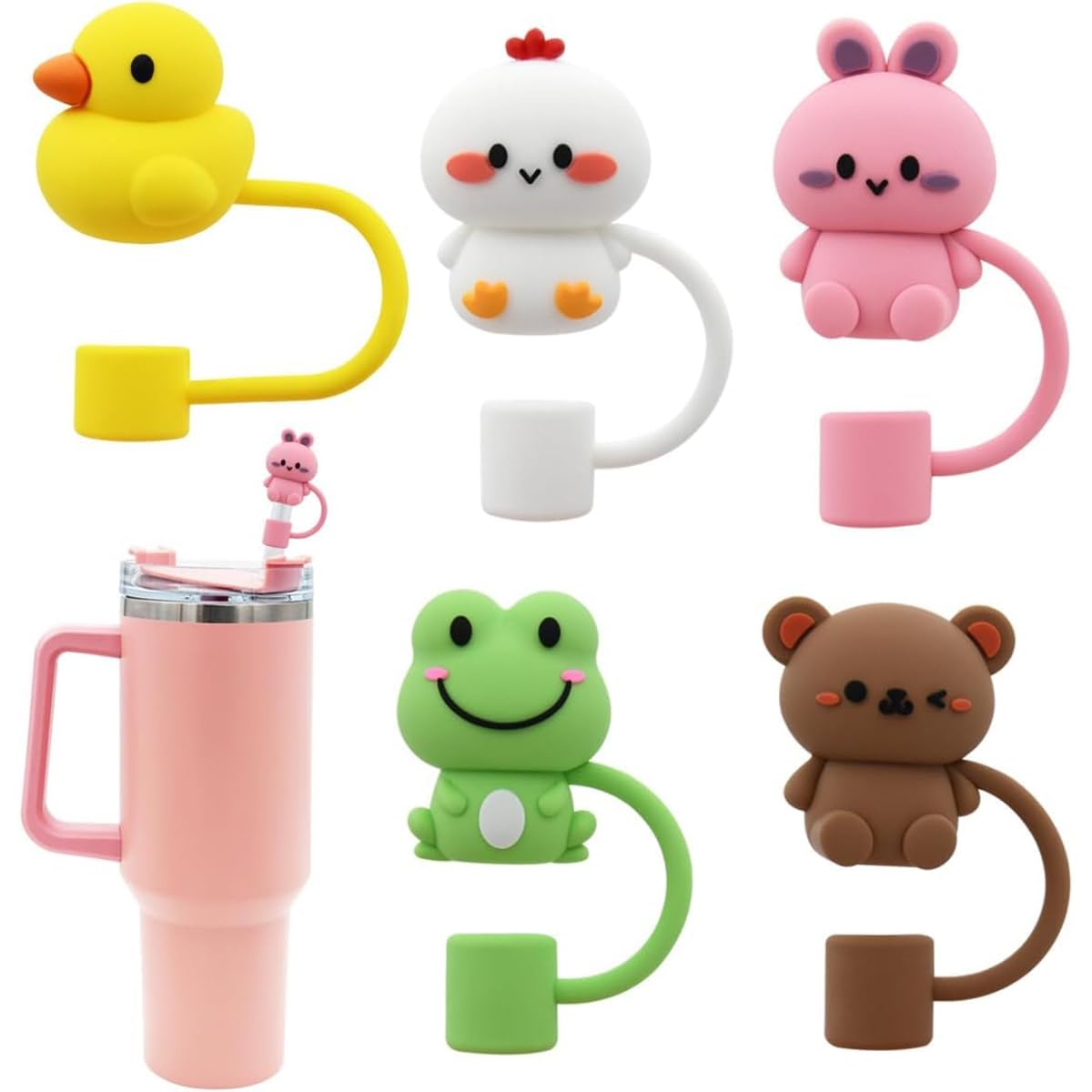 ZIBUYU Cartoon Straw Cap Set for Stanley Cup featuring Anti-Lost Loop & Soft Silicone | 5pcs for 10mm Straws