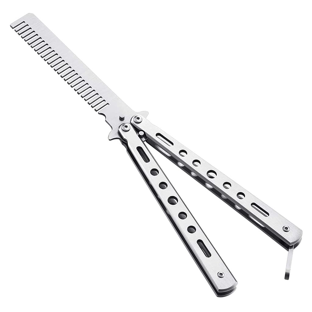 ZIBUYU® Butterfly Comb Professional Training Comb Stainless Steel Folding Practice Comb Unsharpened Blade Stylish Comb Saloon Tool for Beginners Training - Silver