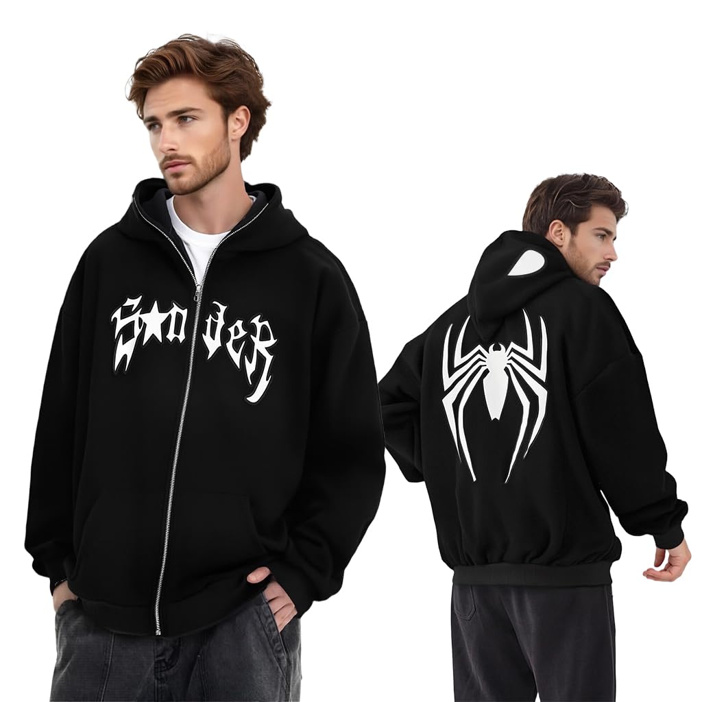 GUSTAVE Hoodie for Men and Women featuring Full Zip Face Cover and Bold Spider Print | Black Oversized Y2K Streetwear Jacket