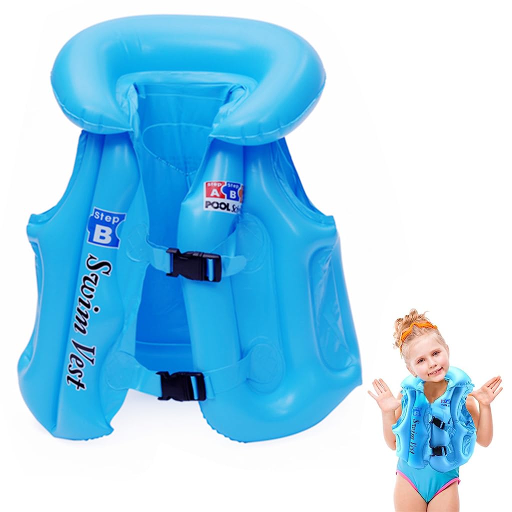 Optifit Swimming Vest for Kids 5–8 Years with Dual Buckles and Multiple Inflation Valves | Blue PVC Safety Float Jacket