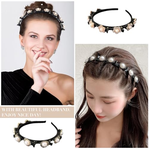 Venzina® 4 Pcs Double Layer Twist Plait Headband Pearl Hairband for Women Girls Braided Hair Band with Floral Alligator Clips Hair Accessories for Thin or Thick Hair