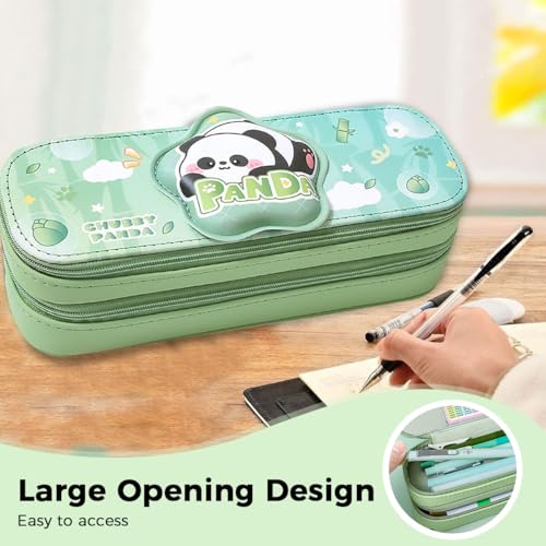 HASTHIP® Panda-1 Large Capacity Double Layer Pencil Case For Girls, Cute Panda Aesthetic Decompression Stationery Pouch, Multifunctional Organizer With Multiple Compartments, One Size, Green, 22×7.5×7.5cm