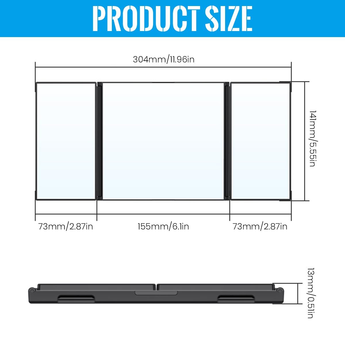 STHIRA Car Sun Visor Mirror for Makeup with Triple Folding HD Glass and Hook Loop Straps 30.4×14.1×1cm