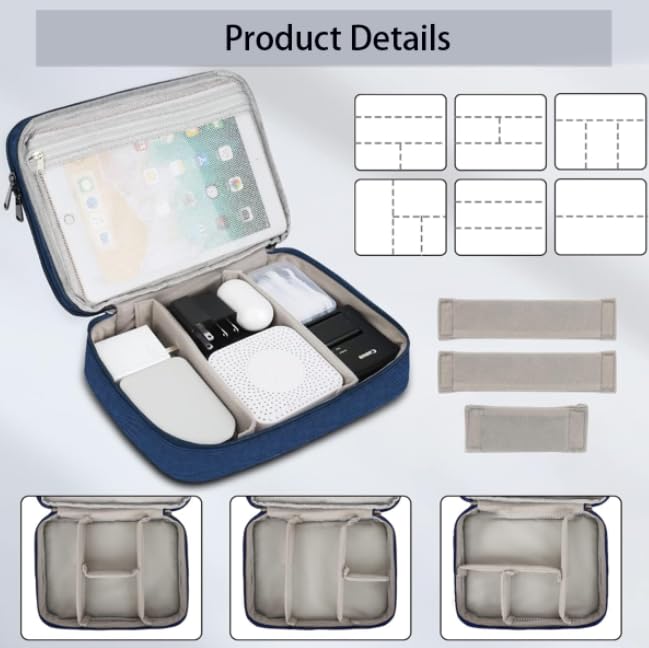 Zibuyu Electronics Travel Organizer Bag with Dual Layer Storage and Adjustable Dividers | Royal Blue Waterproof Case for Cables and Tablets