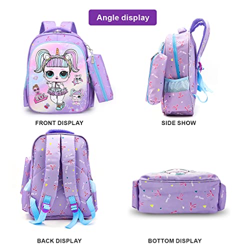 PALAY® Small Backpack for Girls with Pencial Case Violet Cartoon Print Waterproof School Backpack for Girls School Bag for Girls Kids for 3-5