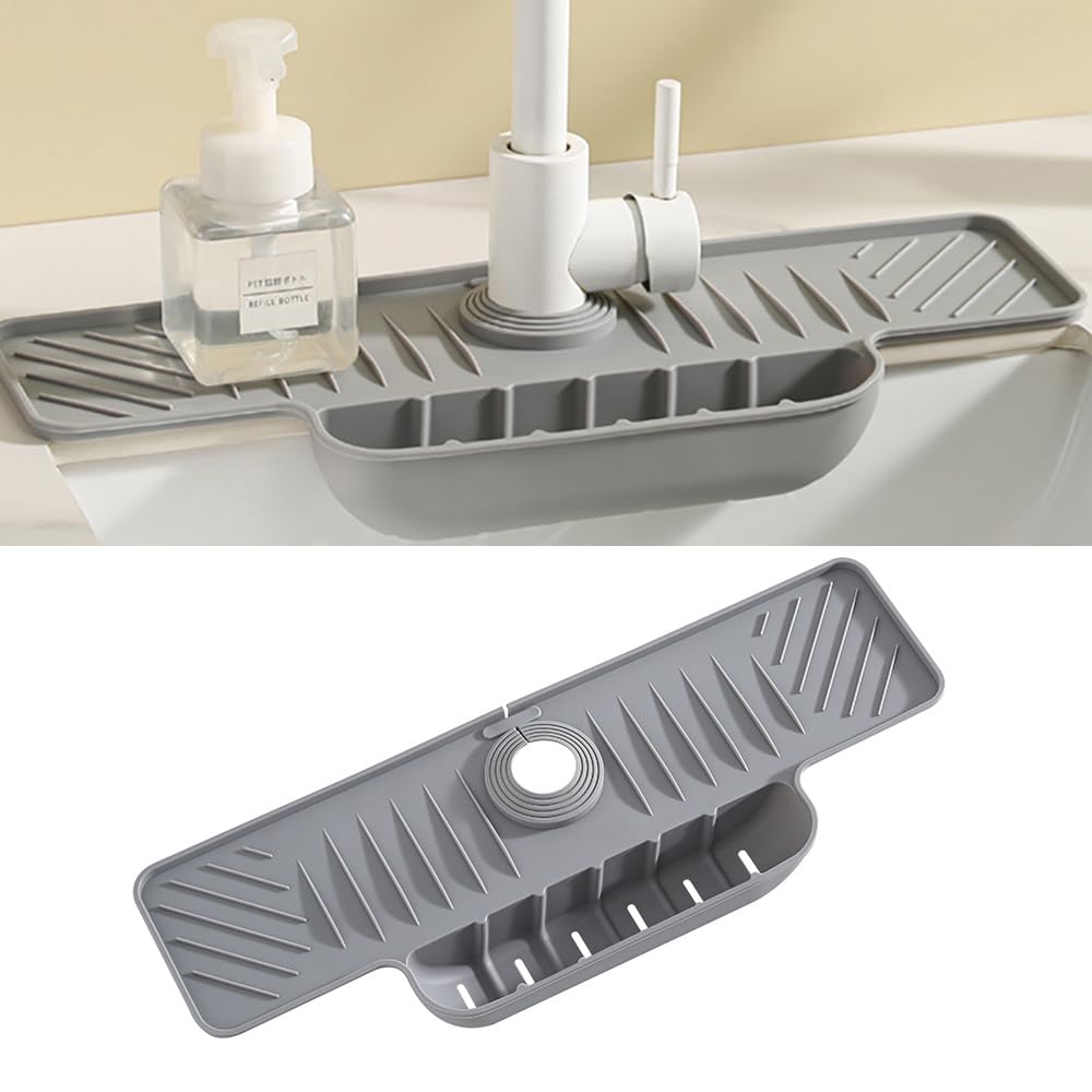 Supvox® Faucet Silicone Splash Proof Drain pad with Hanging Basket for Storage and Drain pad-Grey