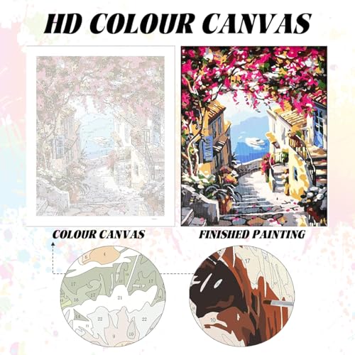 HASTHIP® Paint by Numbers Art Kit Mediterranean Dreamscape Acrylic Oil DIY Canvas Painting Wall Decor Home Gift Craft Kit with Tools Pigments No Frame 16x20 inches 3PCS