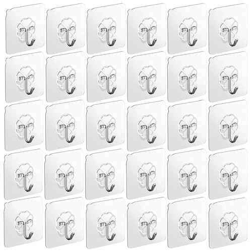 HASTHIP® 30 Pack Wall Hooks Strong Acrylic Backing Glue Wall Hooks Self-Adhesive Wall Hooks for Bathroom, Kitchen Waterproof Ultra Adhesive Wall Hooks (Clear)