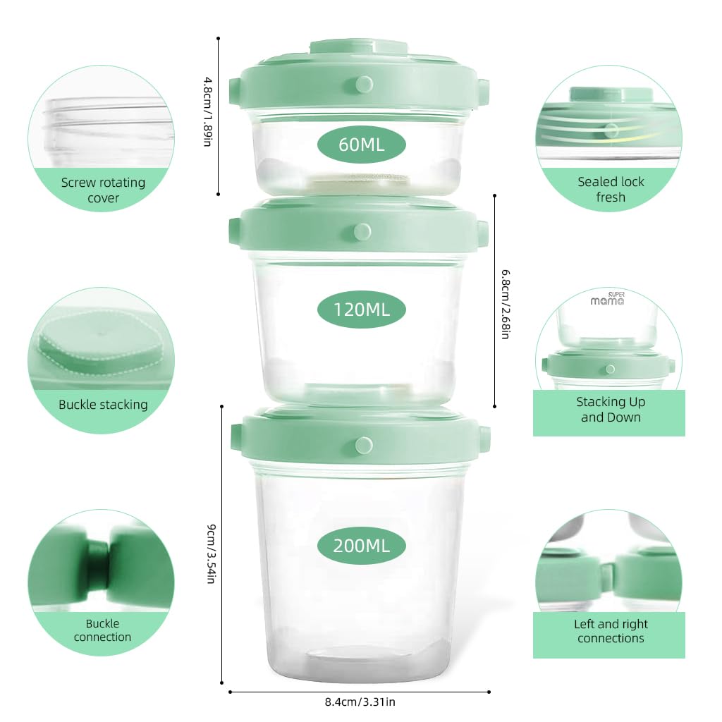 SNOWIE SOFT® Baby Food Storage Container with Lids 3 Sizes Kitchen Food Containers Food Grade BPA Free PP Food Containers Leakproof Baby Food Containers Freezer & Microwave Oven Safe, 60ml/120ml/200ml