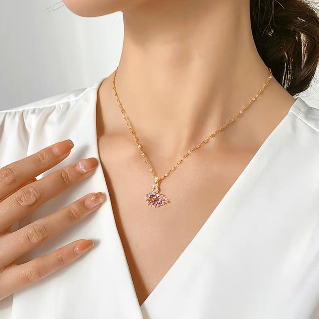 ZIBUYU Sparkling Swan Necklace for Women with Purple Zircon and 15.7+1.9 in Chain | Golden Stainless Steel Jewelry Gift