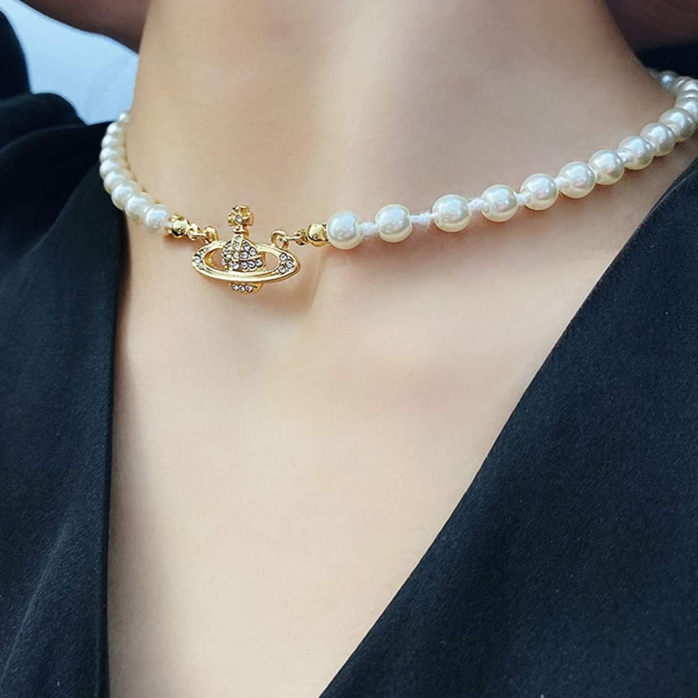 SANNIDHI Pearl Necklace for Women featuring Rhinestone Saturn Design 15.7+2.7 in Adjustable Chain | 2 Pcs White Choker Set