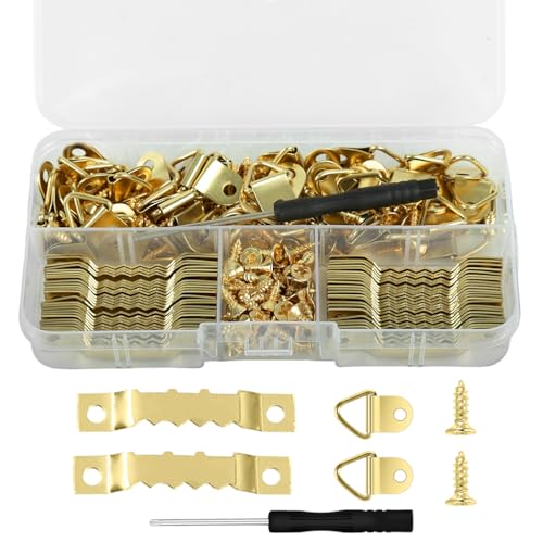 HASTHIP® 251Pcs Picture Frame Hanging Kit with Screwdriver, 50 Pcs Metal Hangers, 50 Pcs Saw-Tooth Strips 150 Pcs M4 Screws for Wall Mounting Artworks, Photos, Paintings & Decorative Panels
