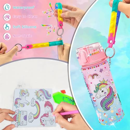 Supvox Girl Water Bottle - Kid DIY Water Bottle Gifts Set Cute Leak Proof Water Bottles with Rainbow Unicorn Stickers for Birthday School Picnic Outdoors for Girls Age 4-6-8-10 (600ml)