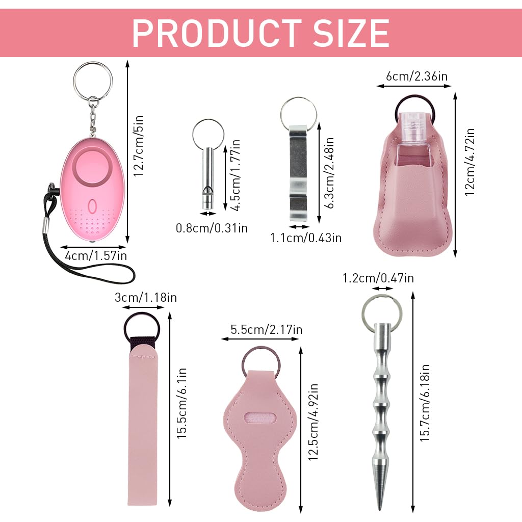 HASTHIP® 6 in 1 Self-defense Keychain Pink Girls Keychain with Siren Alarm, Spiky Rod, Whistle, Mini Sprayer PU Sleeve, Multi Tool Self-defense Keyring Metal Keychain with Hand Strap