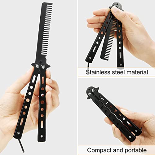 ZIBUYU® Butterfly Comb Professional Training Stainless Steel Folding Practice Unsharpened Blade Stylish Saloon Tool for Beginners Black 2PCS