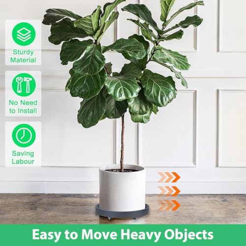 HASTHIP® 37cm Plant Pot Stand with Wheels, Round Mobile Planter Tray, Spiral Ridged PP Flower Pot Caddy with Wheels, 360 Degree Moving Plant Stand for Indoor & Outdoor Use, Grey