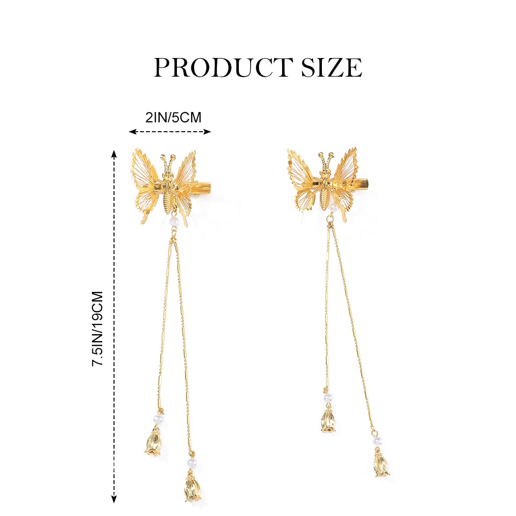 SANNIDHI Metal Butterfly Hair Clips for Girls with Tassel and Faux Pearl Design | 2 Pack Gold