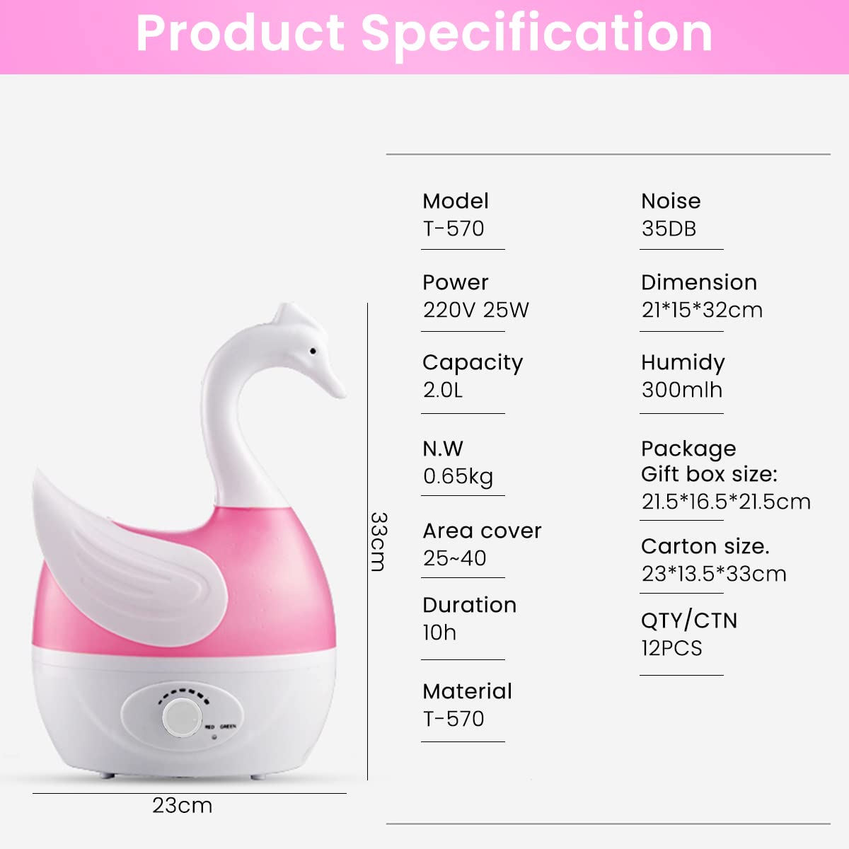 HANNEA Humidifier for Room Moisture with 2L Tank and Swan Design | 30dB Silent Ultrasonic Cool Mist