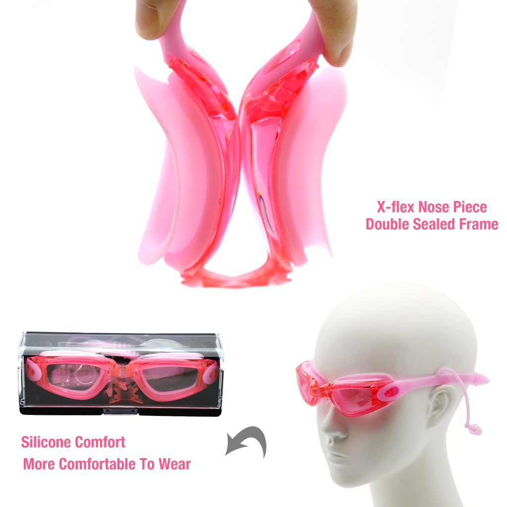 Optifit Swimming Goggles for Women with Ear Plugs and Case featuring Anti Fog UV Protection | Pink Leakproof Adult Swim Goggles