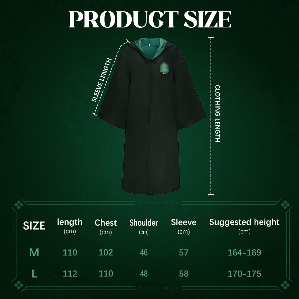 PATPAT® Ha*ry Potter Costume Cloak Cosplay Har*y Potter Robe for Women Men, House of Slytherin Costume Set with Tie, Wand & Round Glasses, Magic Wizards Halloween Costume for Teens Adults (Size M)