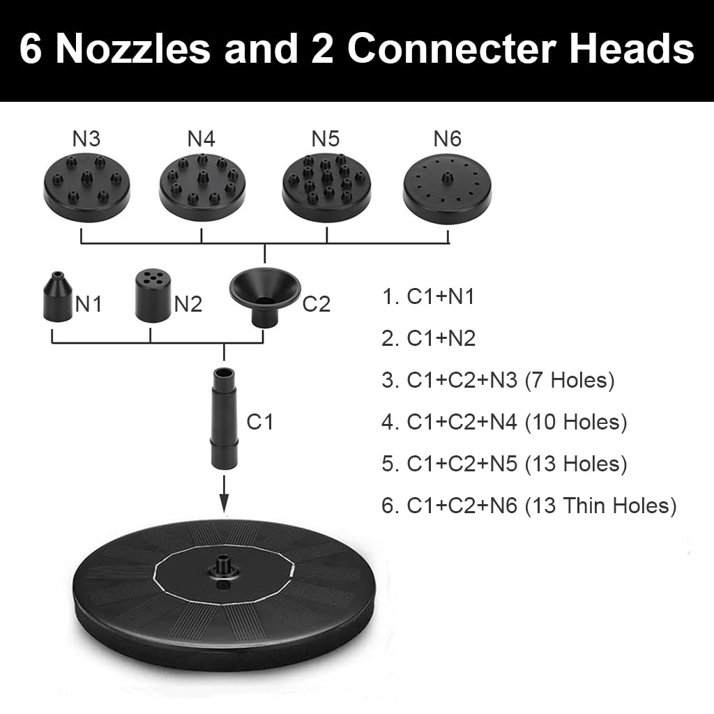 Verilux Solar Fountain for Garden Pond with 6 Nozzles and 7V Solar Panel | Easy Assembly