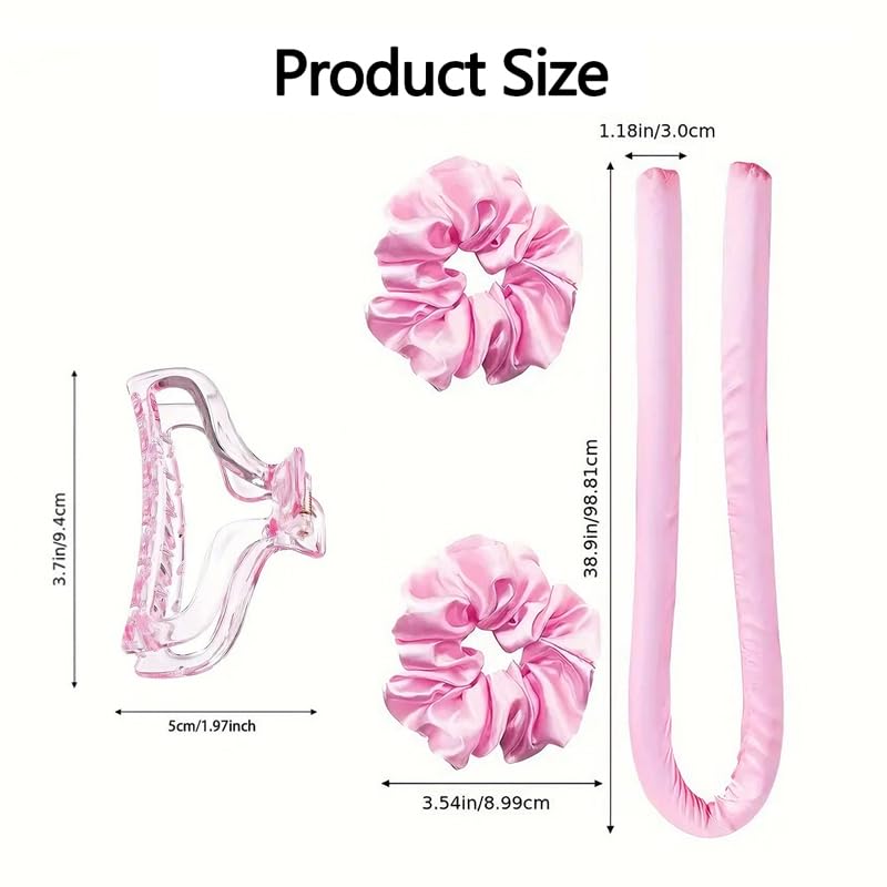 ZIBUYU Heatless Curler for Women with Hair Claw Clip and 2 Scrunchies | Soft Pink Overnight Waves