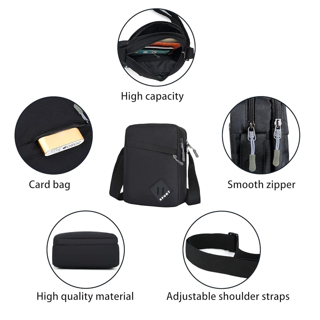 GUSTAVE Messenger Bag for Men with 2 Main Zipper Compartments and Waterproof Nylon | Classic Black 16×9×23 cm Crossbody for Office and Travel