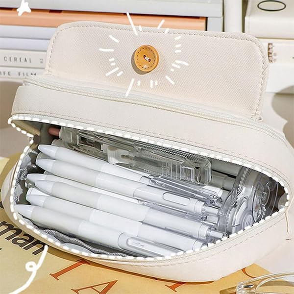 ZIBUYU® Student Pencil Pouch Canvas Pen Storage Double Layer Zip-up Office Stationery Organizer Fashion Girls Boys 21x11x7.5cm Coffee Brown 2PCS