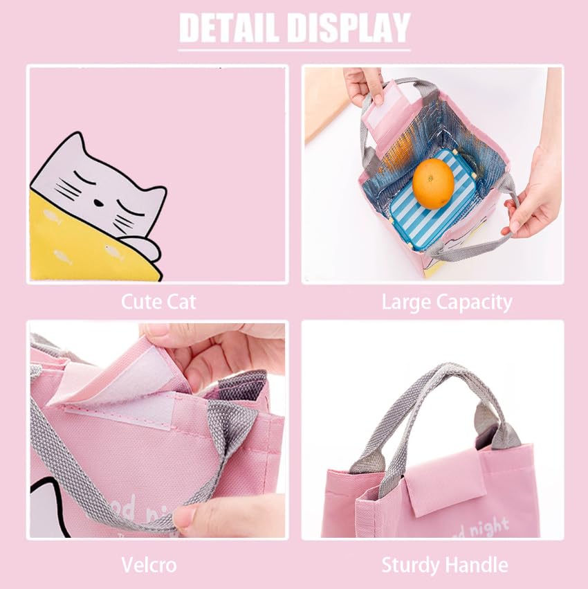 ZIBUYU Insulated Lunch Bag for School and Office with 24x20x16 in Capacity | Waterproof Pink Kitten Canvas Tote