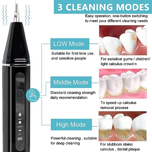 HANNEA® Teeth Whitening Kit Electric Tartar Remover with LED, Teeth Stain Remover with 3 Working Modes, Teeth Cleaning Kits With 4 Stainless Steel Bits, Oral Mirror, Black