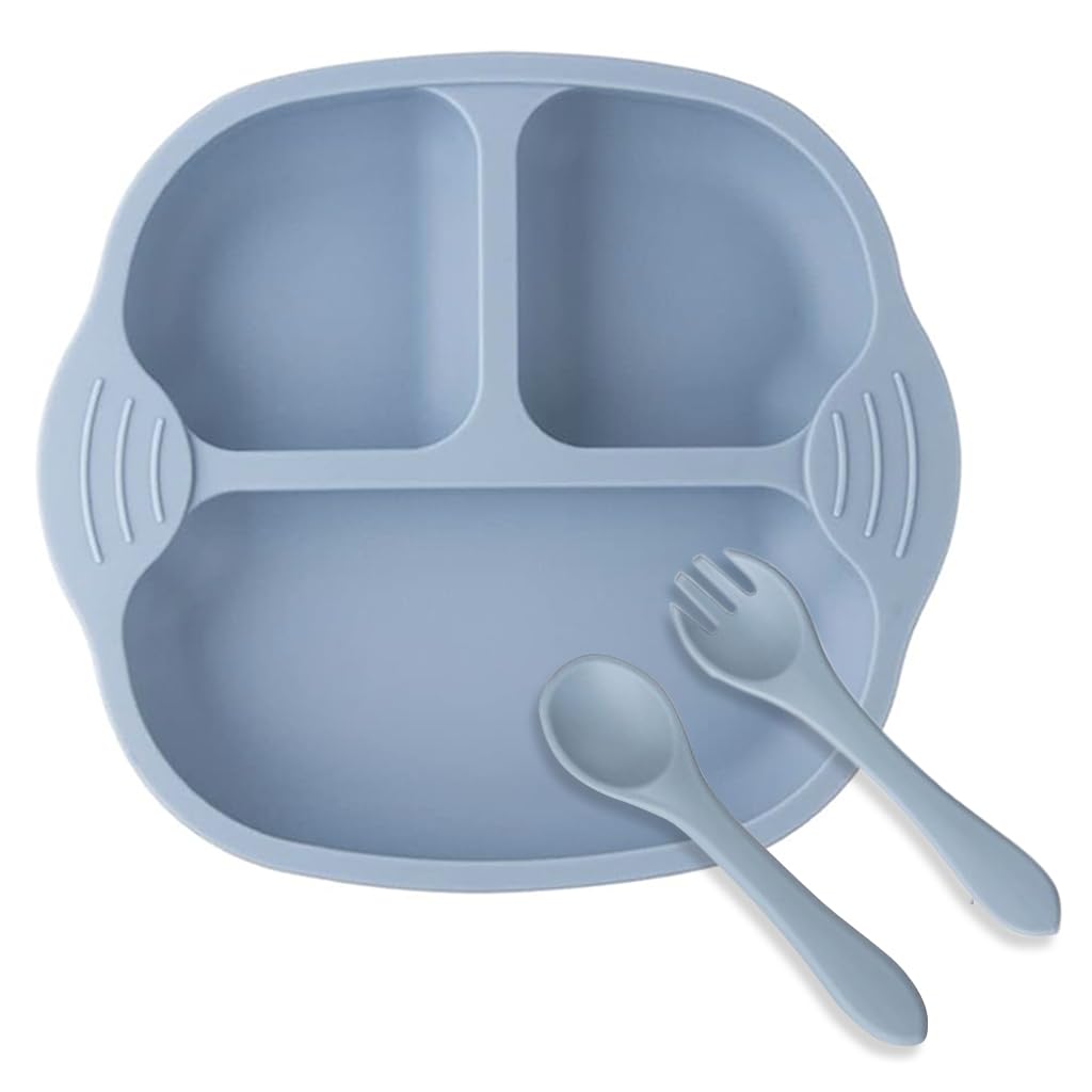 SNOWIE SOFT Baby Suction Plates for Baby Feeding with 4 Strong Suction Cups, Silicone Toddler Plates with Spoon & Fork for Kids to Feed Themselves, Dish Washer & Micro-Wave Oven Safe