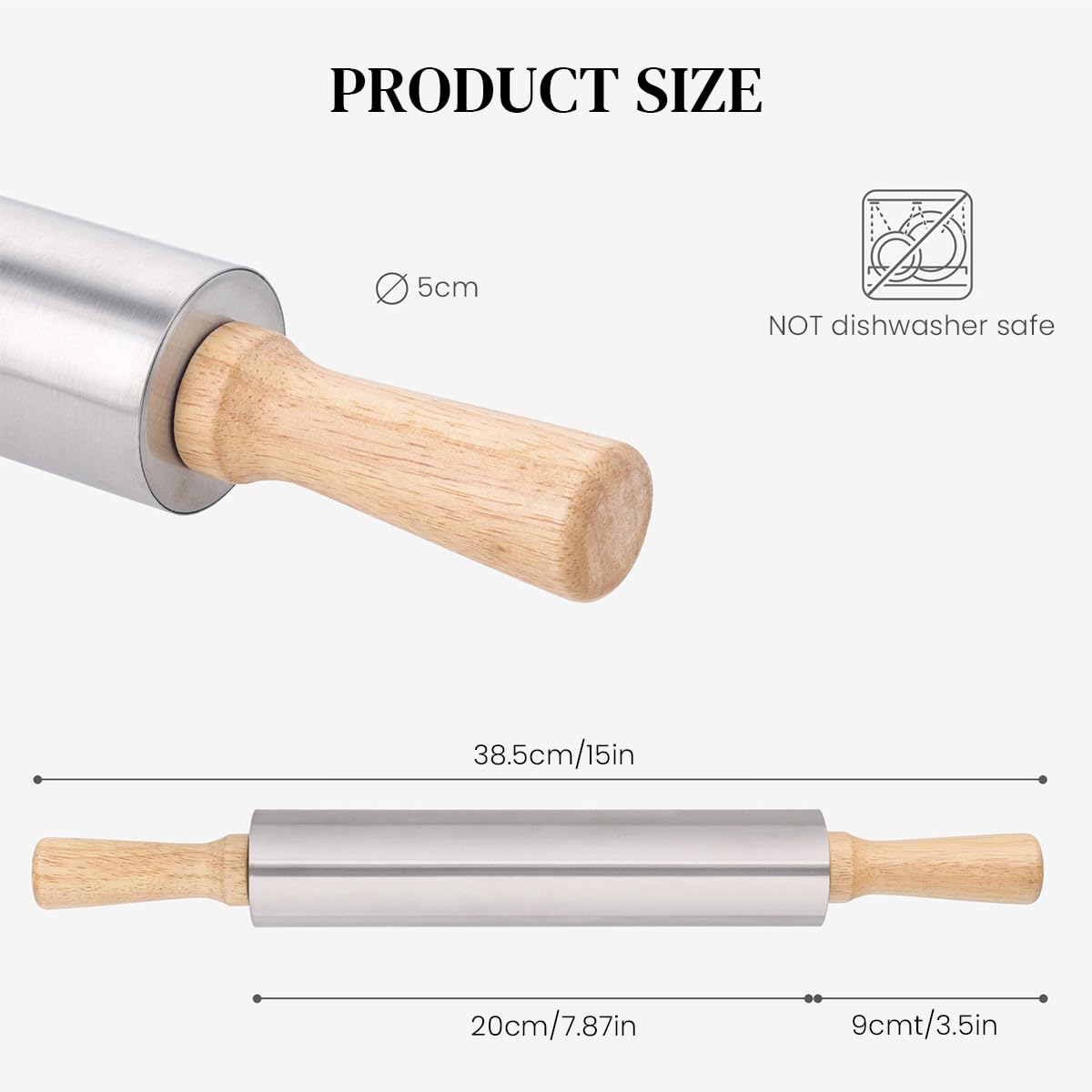 Supvox Stainless Steel Rolling Pin for Baking with Ergonomic Wooden Handles 38cm Long | Non Stick Pastry Tool