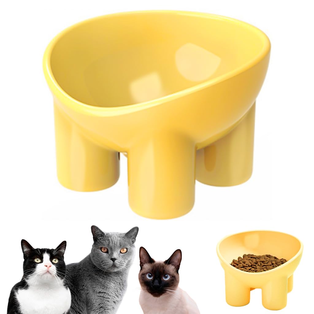 Qpets® Cat Feeding Bowl Elevated Feeding Bowl for Cat Round Cat Food Bowl Healthy Cat Feeding Bowl, Prevent Tipping Over Durable Plastic Cat Feeding Bowl (5.4inch Diameter, Yellow)