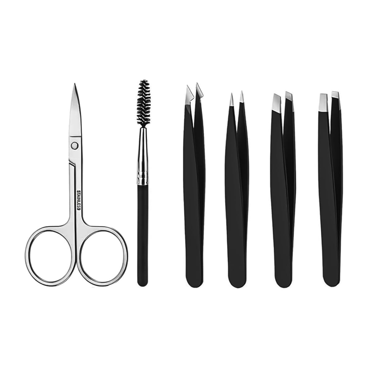 MAYCREATE® 6pcs Eyebrow Tweezer Razor Set, Stainless Steel Precision Eyebrow Trimmer for Women Men, Includes Scissors, Eyelash Brush & 4 Styles Tweezer for Eyebrow with Tool Pouch