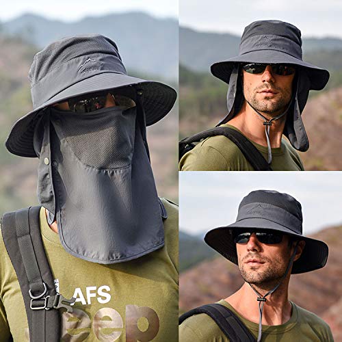 GUSTAVE® Synthetic Mens Sun Hat Wide Brim Summer Cap UV Protection Fishing Foldable Bucket Outdoor Beige Free Size 3 PCS