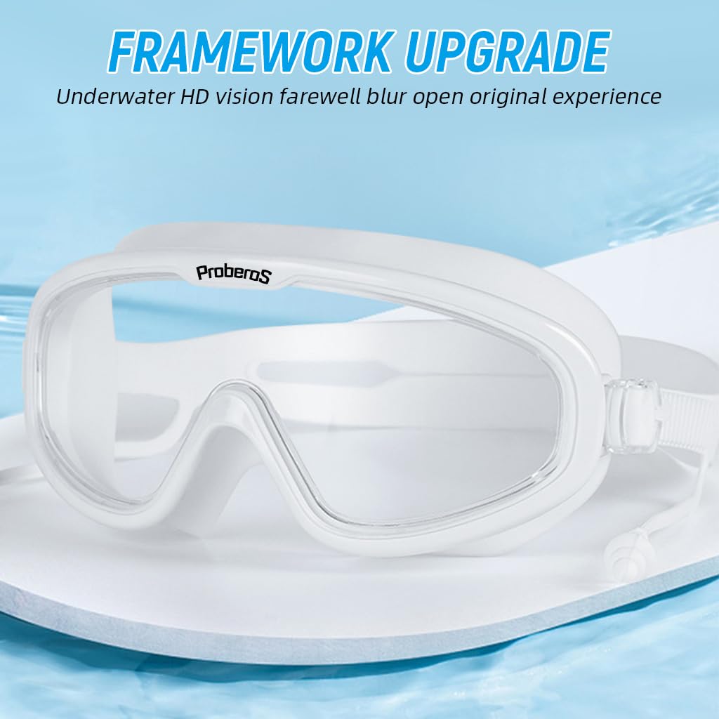 PROBEROS Swim Goggles for Men and Women with Anti-Fog UV Lens and Leakproof Silicone | White