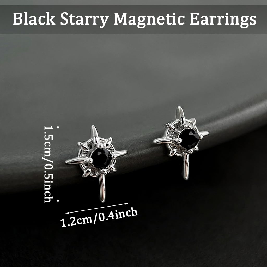 SANNIDHI Clip On Earrings for Non Pierced Ears with Magnetic Studs and Black Rhinestones | Unisex Punk Star Design