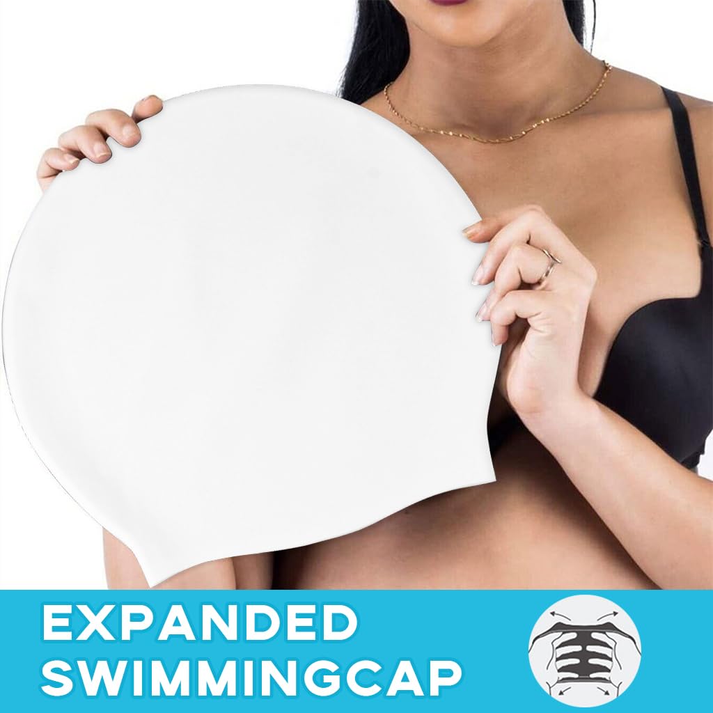 Proberos Swimming Cap for Long Hair with Super Elastic Silicone | White Unisex XL Fit