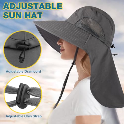 GUSTAVE® Sun Hat for Men Fashion Wide Brim UV Protection Cowboy Hats Neck Flap Design Adjustable Windproof Chin Strap Unisex Breathable Cap for Hiking Fishing Gardening 3 PCS