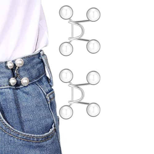 SANNIDHI® 2 Pairs Jeans Tightening Clips, Adjustable Waist Buckle for Pants Loose Jeans, Pearls Hooks for Waist Fit, No Sewing Required Skirt Pants Jean Buttons