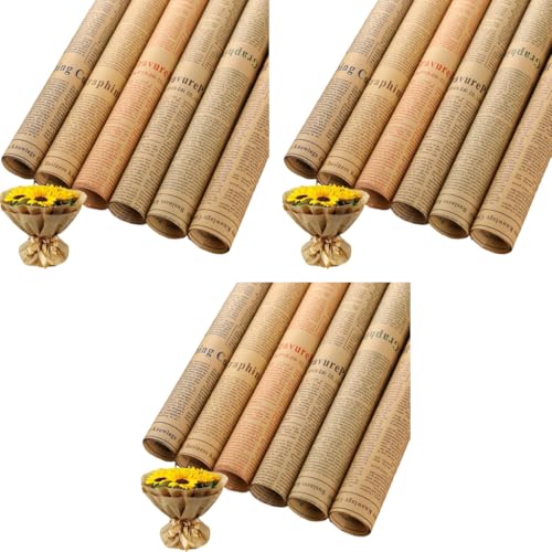 HASTHIP® 6 Sheet Flower Packing Papers Gift Wrapping Paper Retro Newspaper Style Brown Package Paper for Gifts 50x70cm 18 PCS