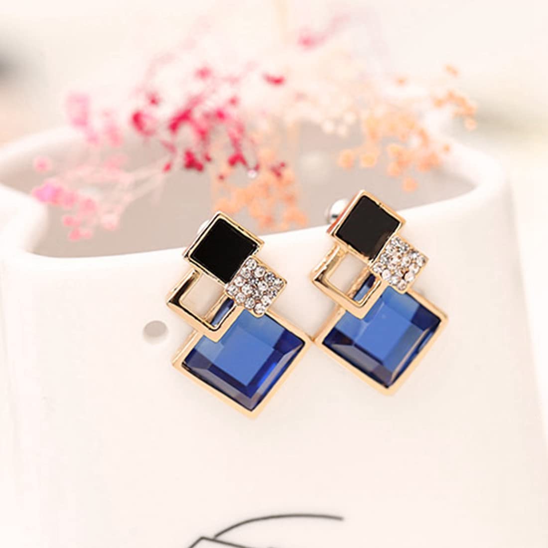 ZIBUYU Earrings for Women featuring Geometric Three Square Drop Design in Blue | Hypoallergenic Alloy