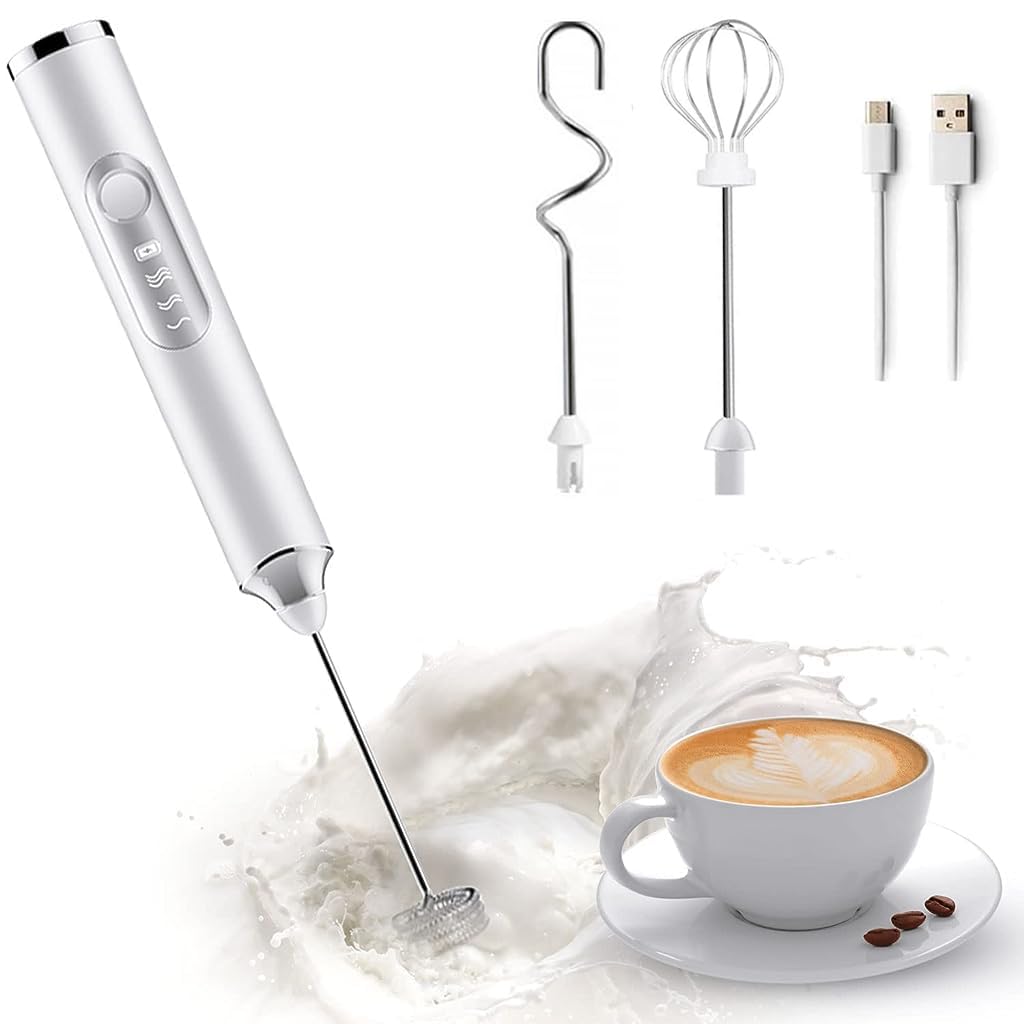 Supvox Hand Blender for Coffee 3 in 1 Frother Coffee Maker with 3 Speed Milk Frother for Coffee Frother Electric USB Rechargeable Coffee Beater with 3 Stainless Whisks Head for Latte Chocolate White
