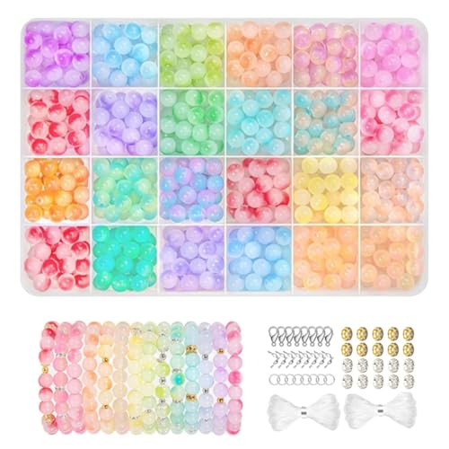SANNIDHI® 480PCS 8mm Crystal Glass Beads for Jewelry Bracelet Making Kit Gradient Round 24 Color Beads for DIY Earrings Necklaces Rings with Letters Charms Accessories